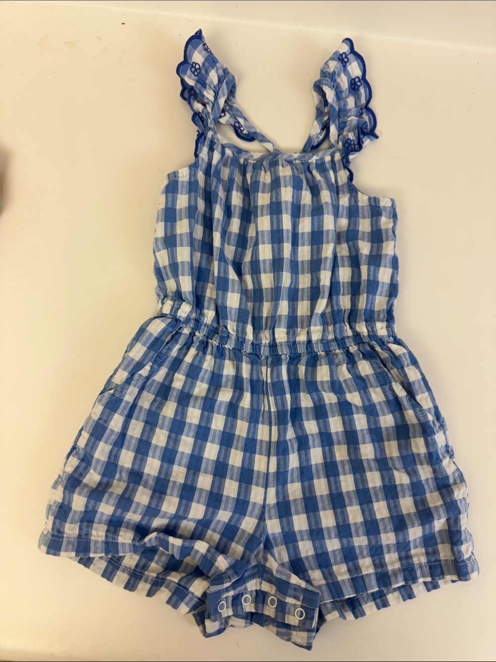 Cat & Jack Blue & White Gingham Romper with Ruffled Straps